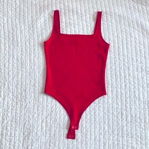 Express square neck thong bodysuit in red